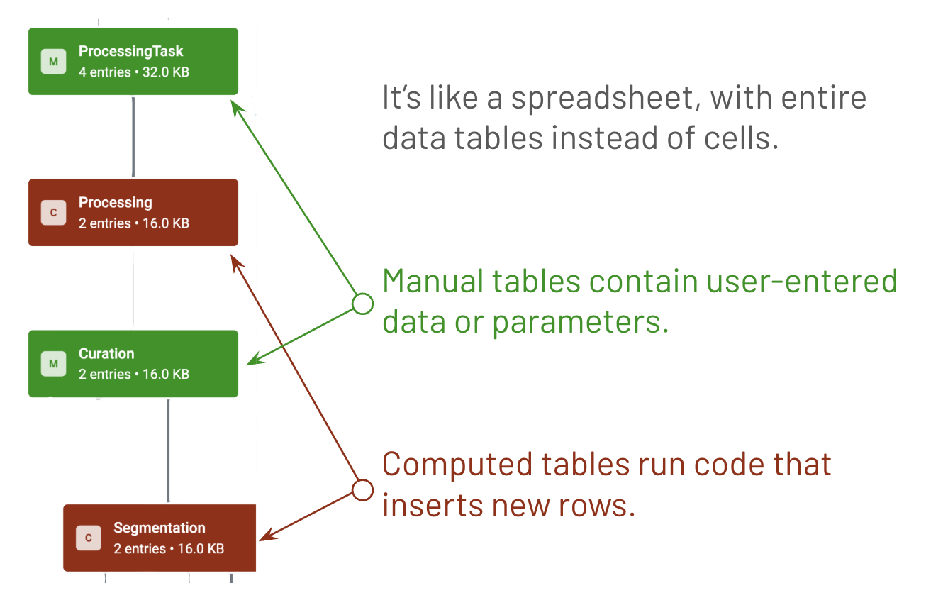Diagram showing a flow of data tables with green manual tables labeled ProcessingTask and Curation containing user-entered data, and brown computed tables labeled Processing and Segmentation that run code to insert new rows, described as a spreadsheet with entire data tables instead of cells.